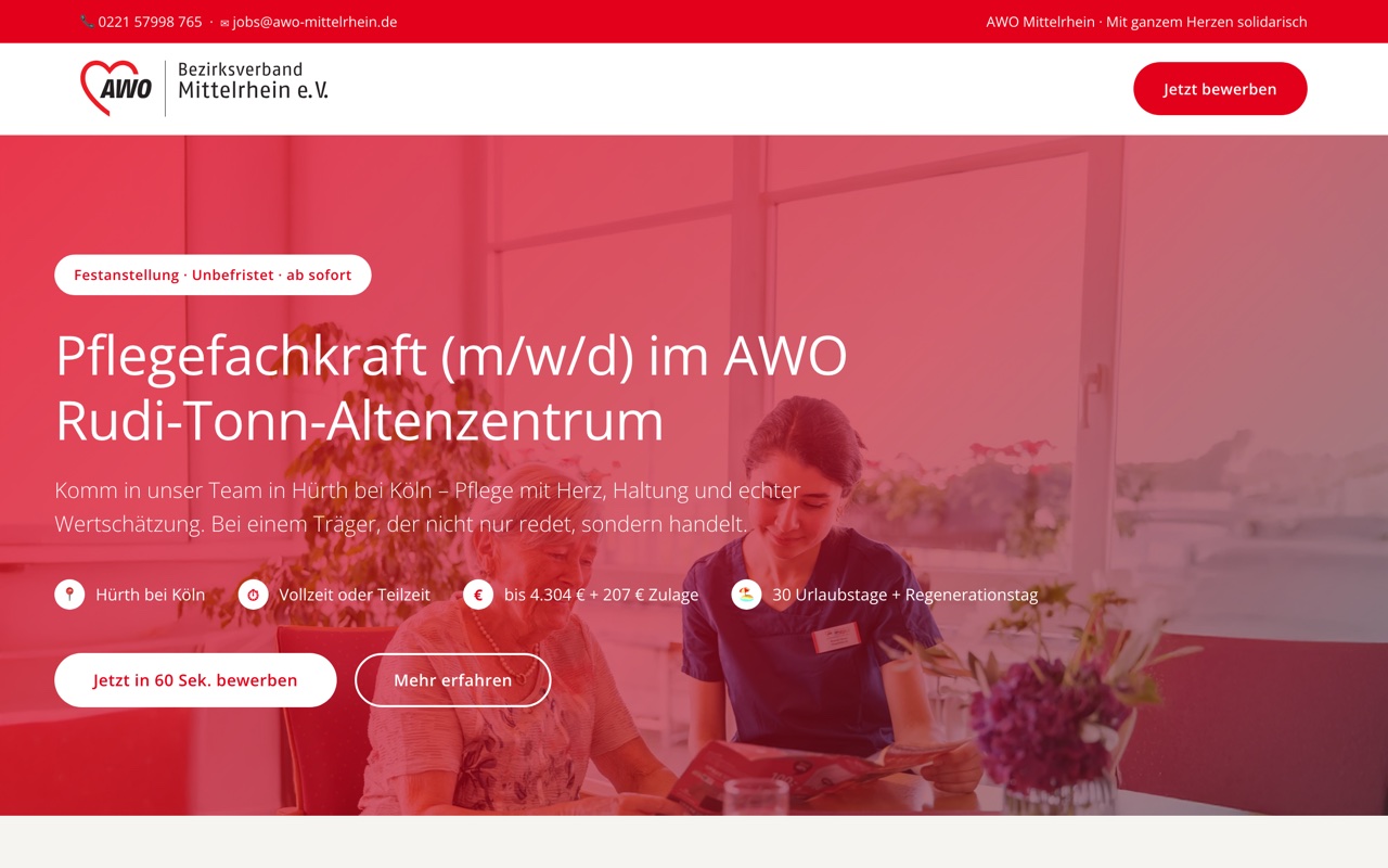 Beispiel: generierte Recruiting-Landingpage (AWO Mittelrhein)